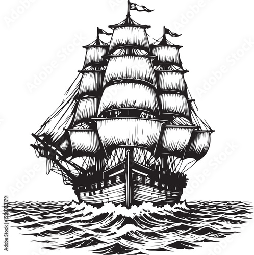Vintage Nautical Etching of a Grand Sailing Ship at Sea
