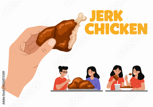 Illustration of a hand holding a piece of jerk chicken with people enjoying a meal of Caribbean jerk chicken in the background.