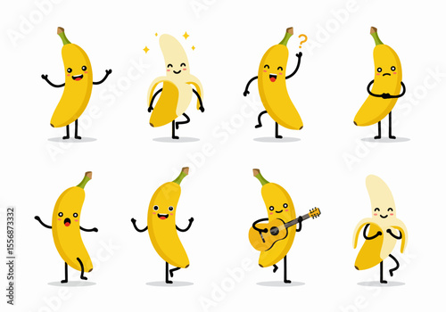 Set of Cute Cartoon Banana Characters with Different Poses and Emotions, Isolated on White Background