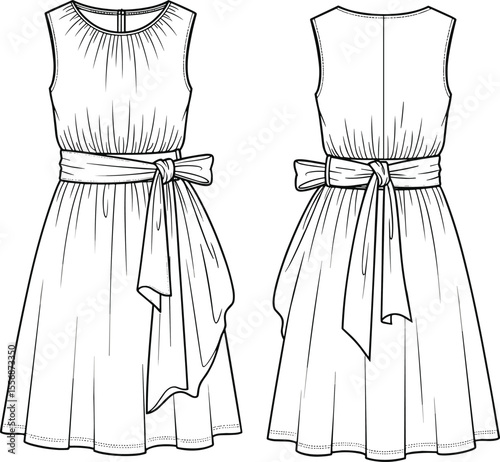 Sleeveless knee-length dress with waist belt, front and back view, elegant fashion flat sketch, technical garment vector illustration
