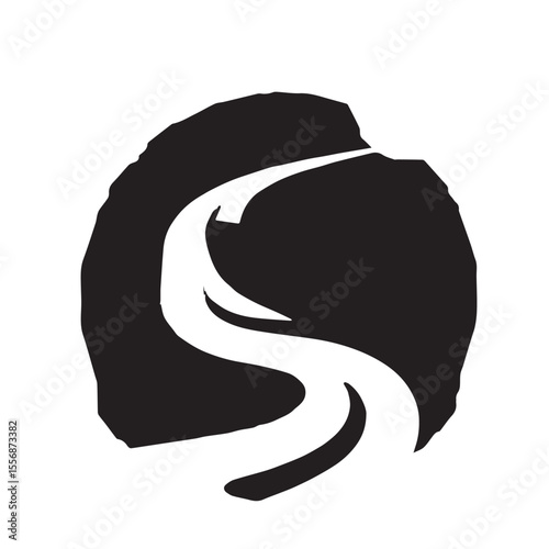 
A striking black and white vector icon of a winding road or path, set within a rough circular shape, suggesting a journey or a natural landscape.