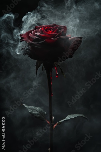 Dark red flower with dripping substance, surrounded by gray smoke against a black background. Moody and dramatic lighting enhances the mysterious atmosphere.