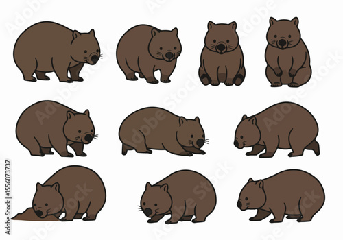 Set of adorable cartoon wombats in different actions and positions