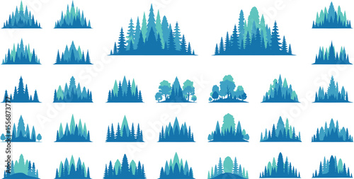 Collection of various stylized blue and green forest tree illustrations