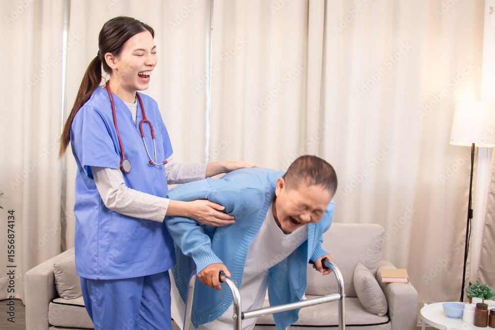 Obraz premium Young nurse assisting senior woman in walking with a walker, demonstrating caregiving, encouragement, and physical rehabilitation at home, healthcare, caregiver, medical, hospitality, recover.