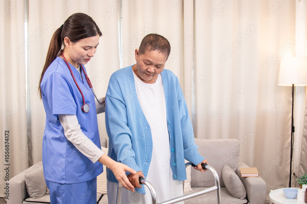 Fototapeta premium Young nurse assisting senior woman in walking with a walker, demonstrating caregiving, encouragement, and physical rehabilitation at home, healthcare, caregiver, medical, hospitality, recover.