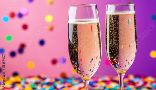 Two champagne flutes filled with sparkling wine, confetti, pink and purple background.
