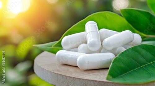 Close up of white capsules on a wooden surface with green leaves, bright sunlight background. Natural health supplement concept.