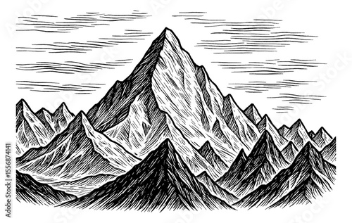 Engraved Mountain Range Landscape with Clouds in Black and White Detailed Line Art Drawing