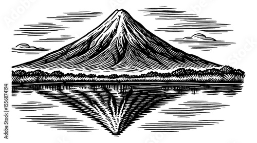 Mountain Landscape Reflection in Water Engraved Black and White Style Illustration