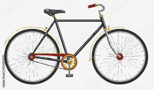 A detailed vector illustration of a vintage-style bicycle with a black frame, golden accents, red handlebars, and silver wheels, on a plain background.