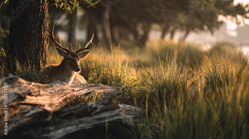 A deer with antlers resting near a tree trunk in a field of tall grass during golden hour light