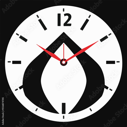 A stylized vector image of a clock face with bold black hour markers, red hands, and a prominent black abstract design resembling an inverted "A" or a stylized flame, all on a white background with a 