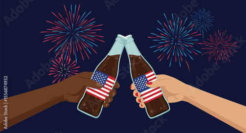 Two hands clinking soda bottles decorated with American flags, set against a celebratory fireworks display.