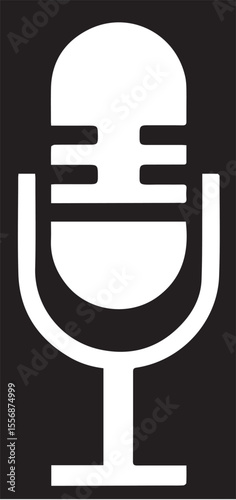 A minimalist white silhouette vector icon of a classic microphone on a stand, set against a solid black rectangular background.