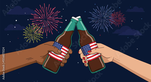 Two hands clinking soda bottles adorned with American flags, set against a celebratory fireworks display.