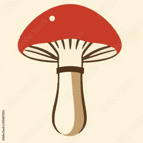 A stylized vector illustration of a red mushroom with a cream-colored stem and dark gills, set against a light background.