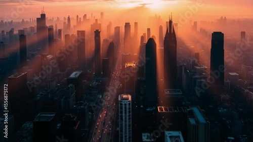 Aerial view of a cityscape at sunset with light rays shining through the tall buildings and orange sky video