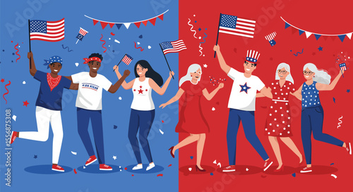 Diverse group celebrates with American flags and festive decorations, joyful.