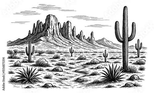Monochrome Illustration of Desert Landscape with Cacti and Rocky Mountains in Engraving Style