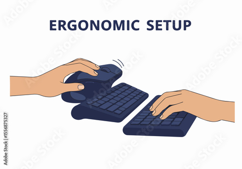 Hands interacting with an ergonomic mouse and split keyboard in an ergonomic computer setup illustration