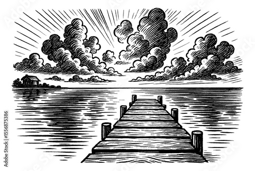 Wooden Pier Leading to Calm Water Under Cloudy Sky in Black and White Engraving
