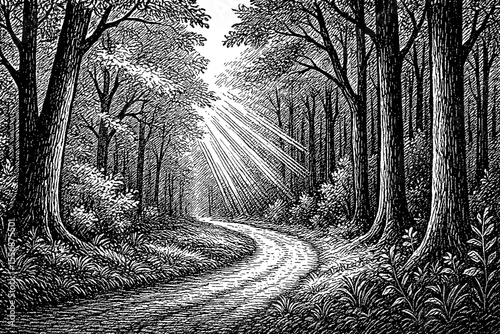 Winding Path Through Forest with Sun Rays in Detailed Black and White Engraving