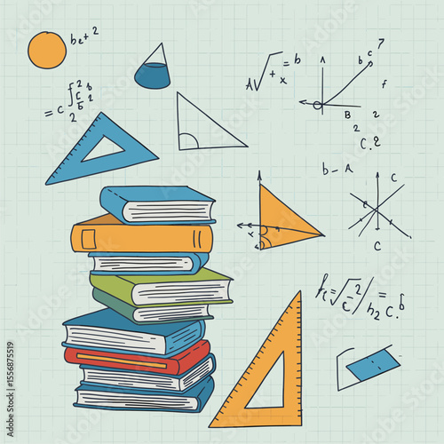 Back to School: Colorful Hand-Drawn Math and Geometry Elements with Books