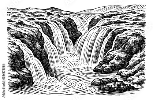 Waterfall landscape with rocks and vegetation in engraved style illustration