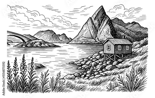 Illustration of a cabin on the coast with mountain view, vintage engraving black and white drawing