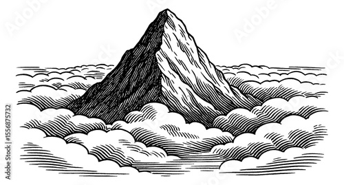 Mountain peak rising above clouds in detailed black and white engraving style art