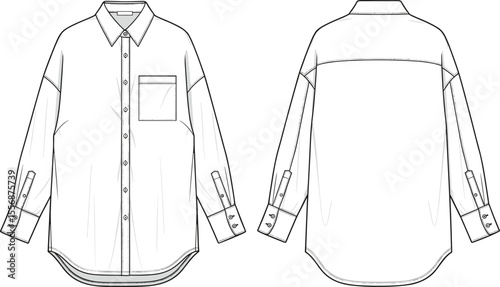 Long sleeve button up shirt flat sketch, fashion cad drawing, technical vector illustration, front and back shirt template design