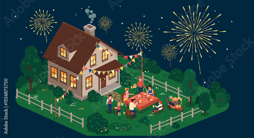 A festive gathering at a home with fireworks illuminating the night sky.