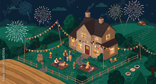 A festive night scene of a house with family celebrating and fireworks.