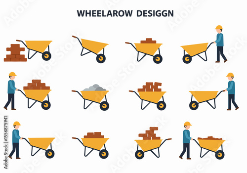 Set of Flat Design Illustrations Featuring Wheelbarrows, Building Materials, and Construction Workers