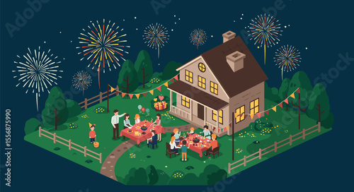 A festive gathering at a house, celebrating with food, friends, and fireworks.