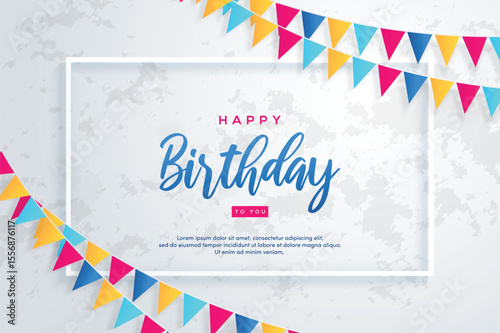 A birthday card design features a white textured background a framed border and colorful pennant banners Happy Birthday is prominently displayed