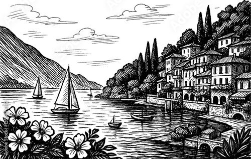 Seascape with Sailboats, Buildings, Mountain and Flowers Black and White Engraving Style