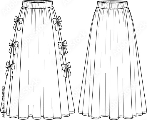Long flared skirt with decorative side bows, technical flat fashion sketch for garment design, front and back view included