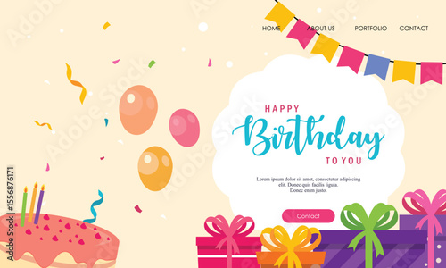 A birthdaythemed graphic art with cake gifts balloons and Happy Birthday text