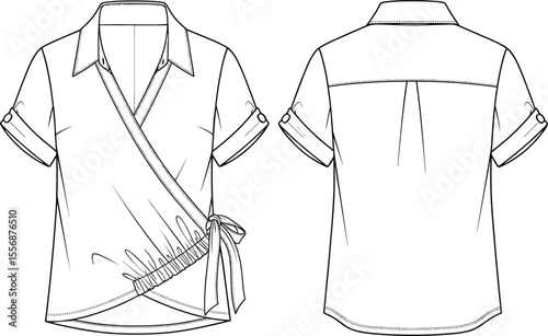 Wrap style short sleeve shirt flat sketch, fashion cad drawing, technical vector template, women blouse design front and back view