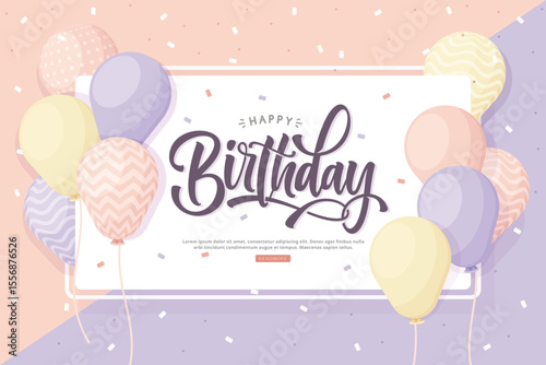 A Happy Birthday greeting card with balloons and confetti