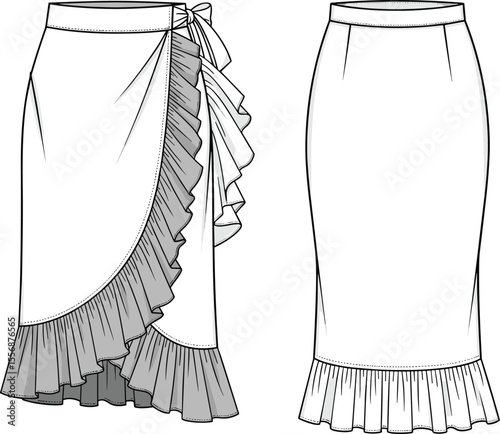 Ruffle hem wrap pencil skirt, front and back flat sketch, elegant fashion cad drawing, technical vector illustration for apparel design