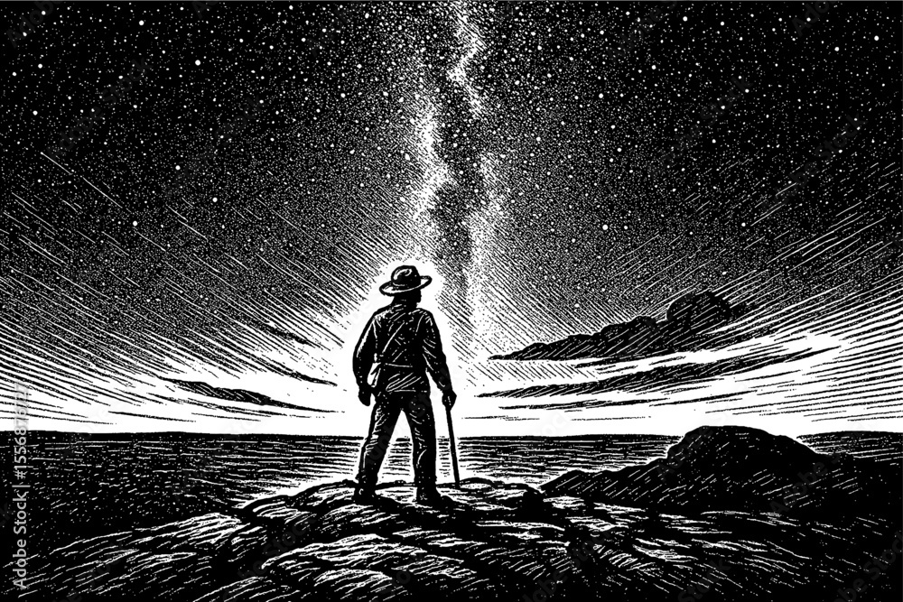 Fototapeta premium Man gazing at Milky Way in night sky standing on rocks in black and white engraved style
