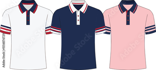 Polo shirt front view design variations, flat vector illustration, fashion cad drawing for menswear clothing design, technical apparel template