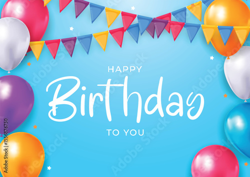 Birthday card design blue background balloons bunting  Happy Birthday to you text