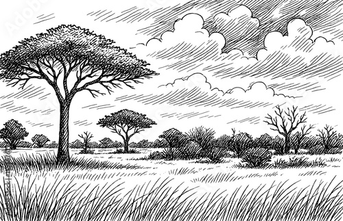 Savanna Landscape Engraving with Trees Grass and Cloudy Sky in Black and White Detailed Line Art