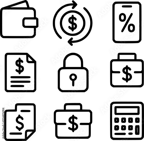 Finance Icon Set – Wallet, Currency Exchange, Mobile Banking, Tax, and More | Minimal Vector Line Icons

