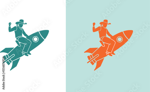 Illustration of cowboys riding rockets on a split color background