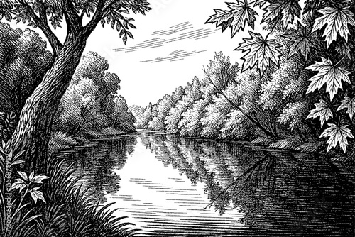 River Surrounded by Trees and Plants with Reflections in Engraving Style